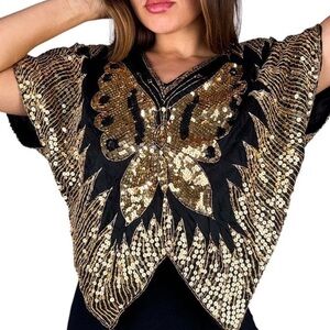 EUC Vintage 1970s Disco 100% Silk Butterfly Blouse Lining Gold Sequins
Sz Medium
